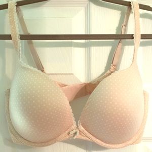 Peach with white polka dot vs bra 34dd
